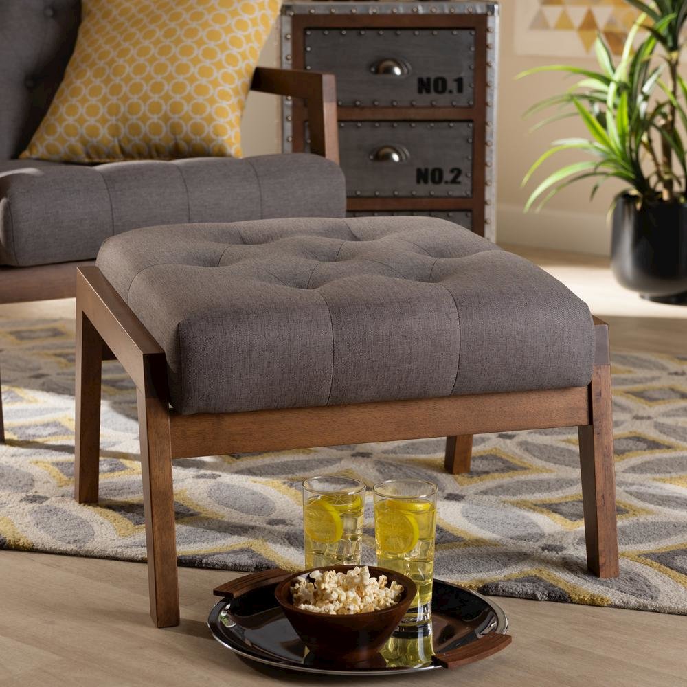 Naeva Mid-Century Modern Grey Fabric Upholstered Walnut Finished Wood Footstool. Picture 16