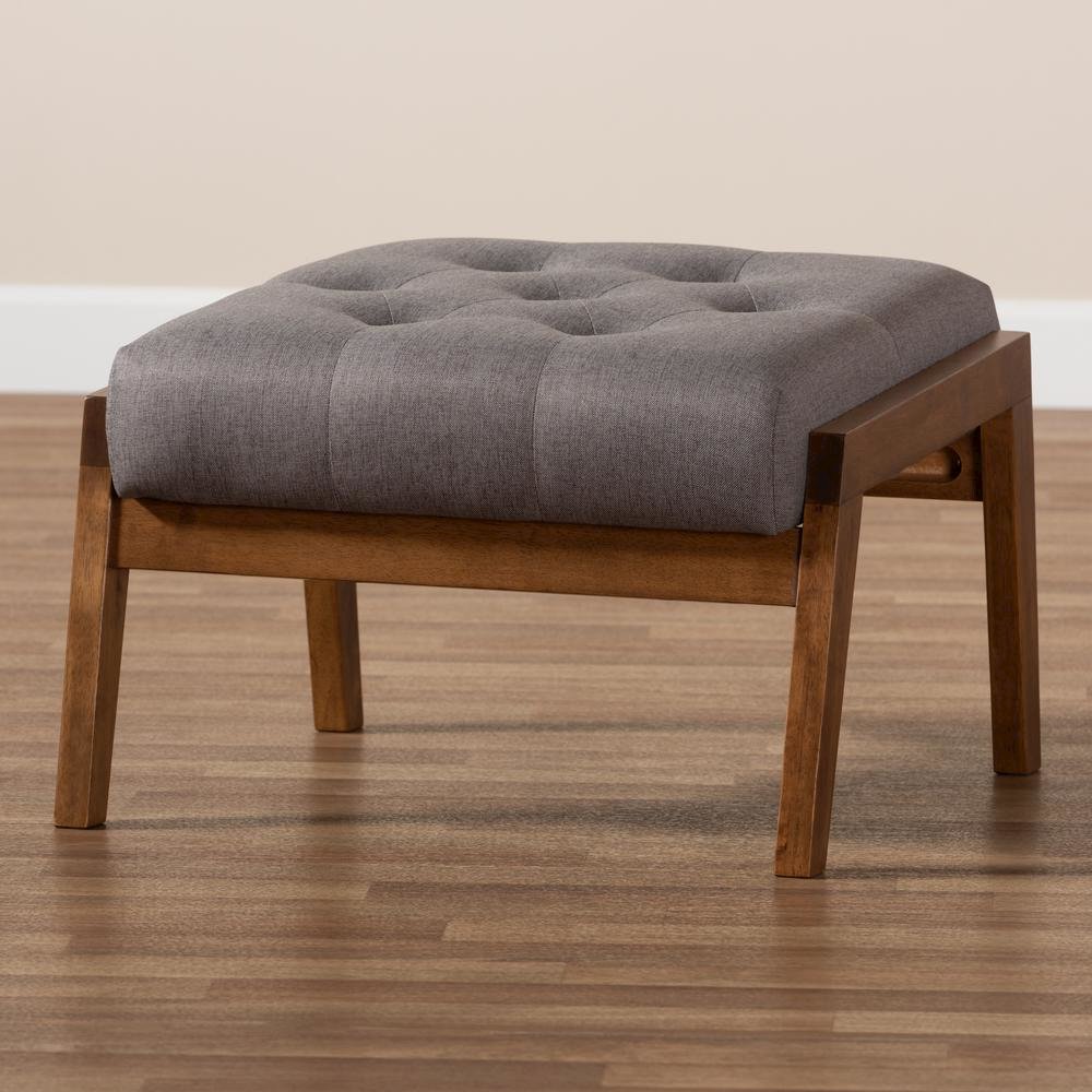 Naeva Mid-Century Modern Grey Fabric Upholstered Walnut Finished Wood Footstool. Picture 17