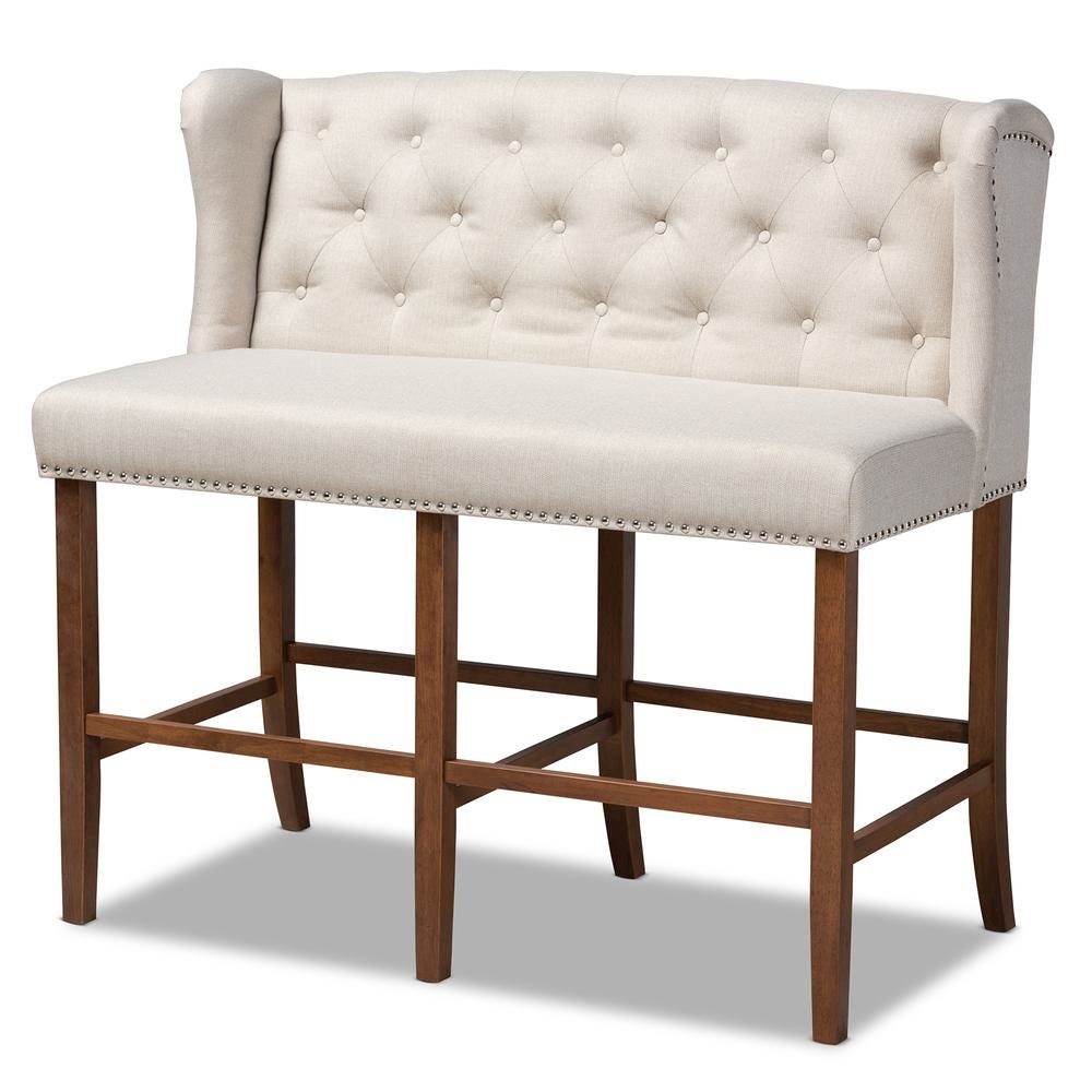 Beige Fabric Upholstered Walnut Finished Wood Button Tufted Bar Stool Bench. Picture 11