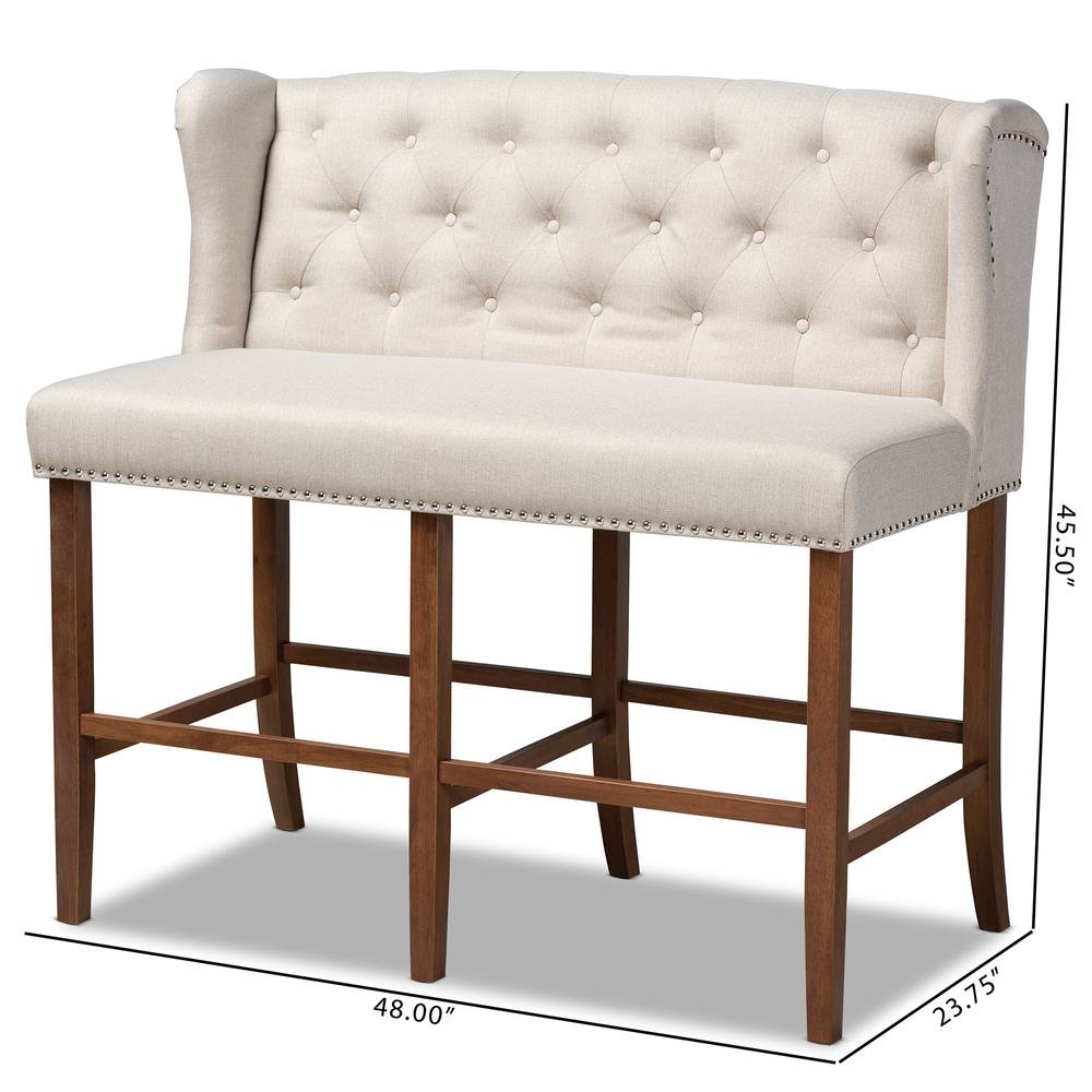 Beige Fabric Upholstered Walnut Finished Wood Button Tufted Bar Stool Bench. Picture 20
