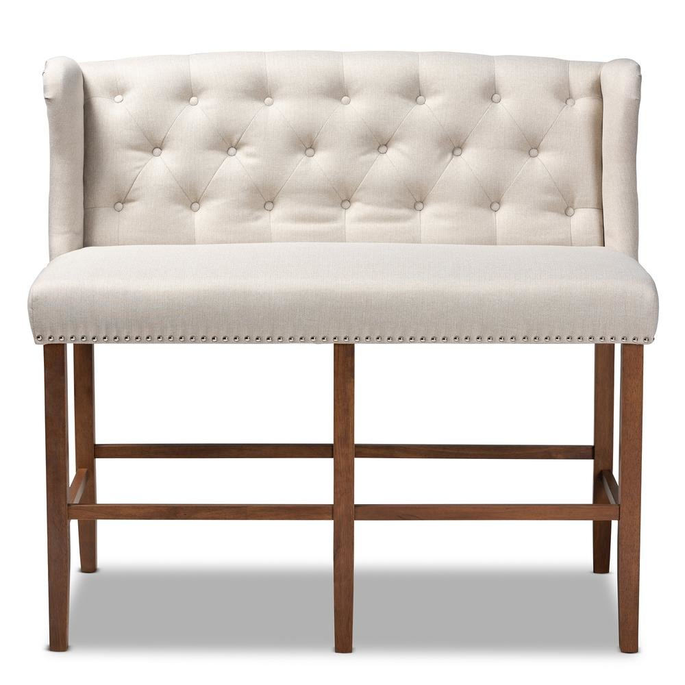 Beige Fabric Upholstered Walnut Finished Wood Button Tufted Bar Stool Bench. Picture 12