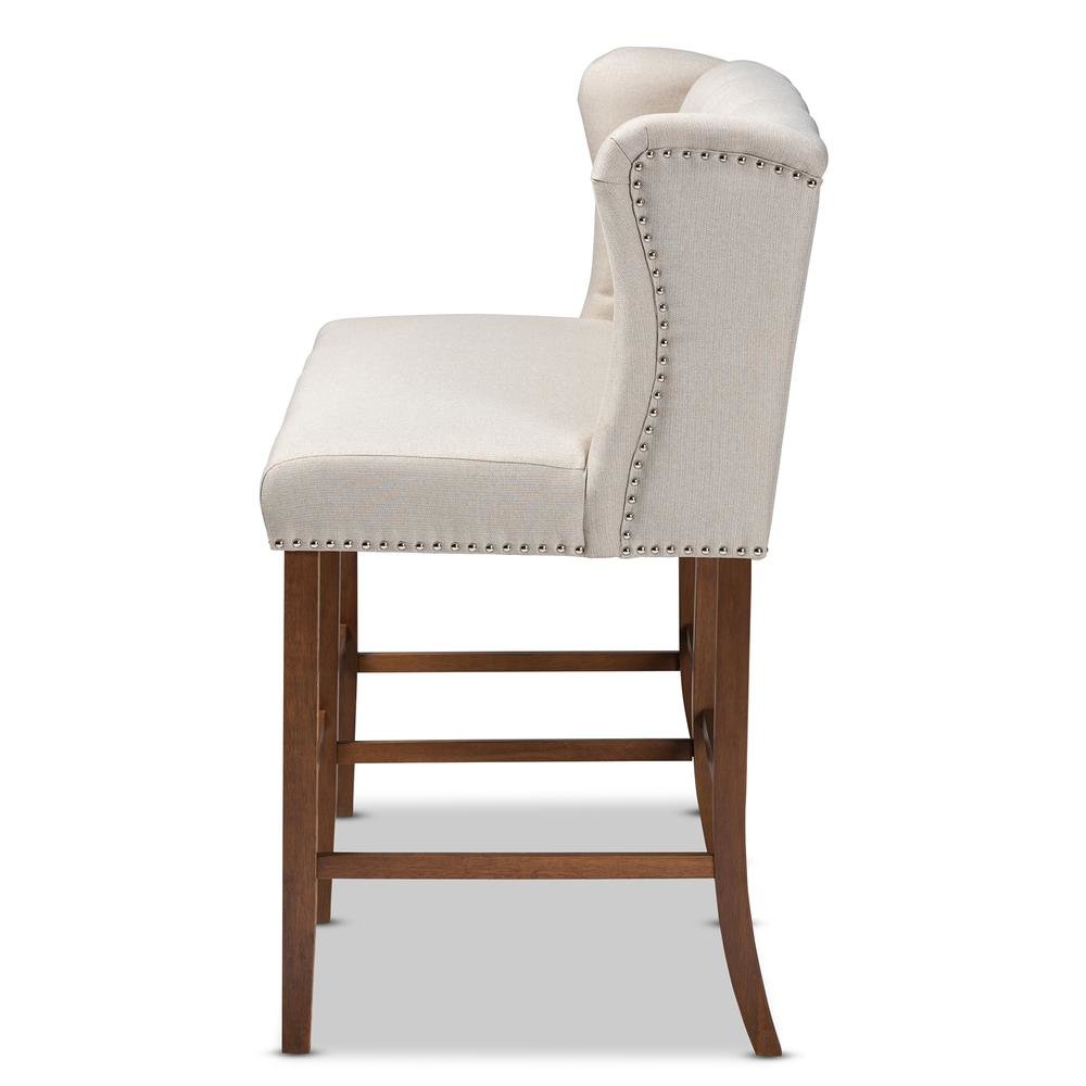 Beige Fabric Upholstered Walnut Finished Wood Button Tufted Bar Stool Bench. Picture 13