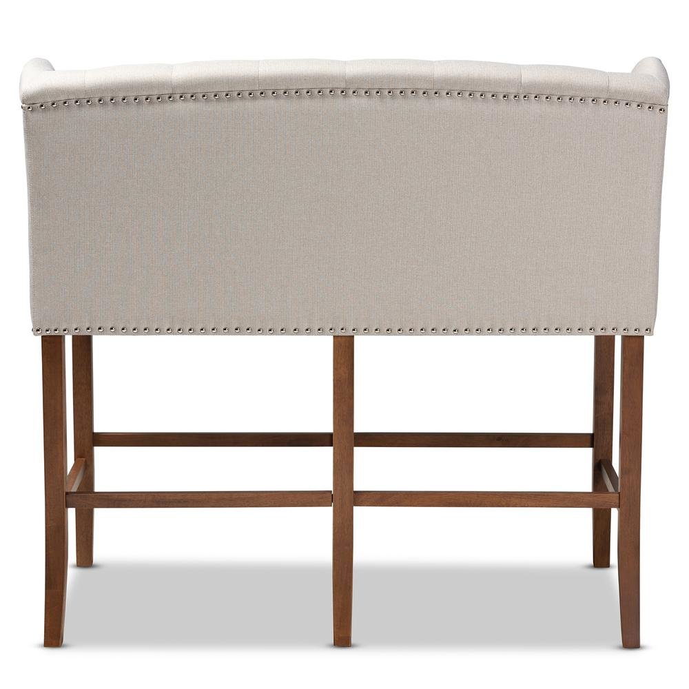 Beige Fabric Upholstered Walnut Finished Wood Button Tufted Bar Stool Bench. Picture 14