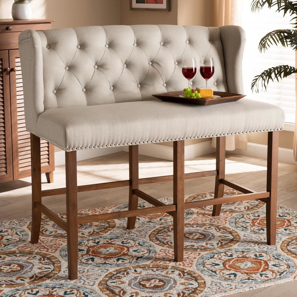Beige Fabric Upholstered Walnut Finished Wood Button Tufted Bar Stool Bench. Picture 18