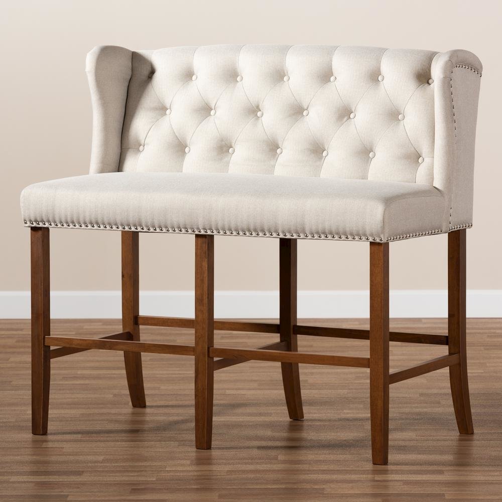 Beige Fabric Upholstered Walnut Finished Wood Button Tufted Bar Stool Bench. Picture 19