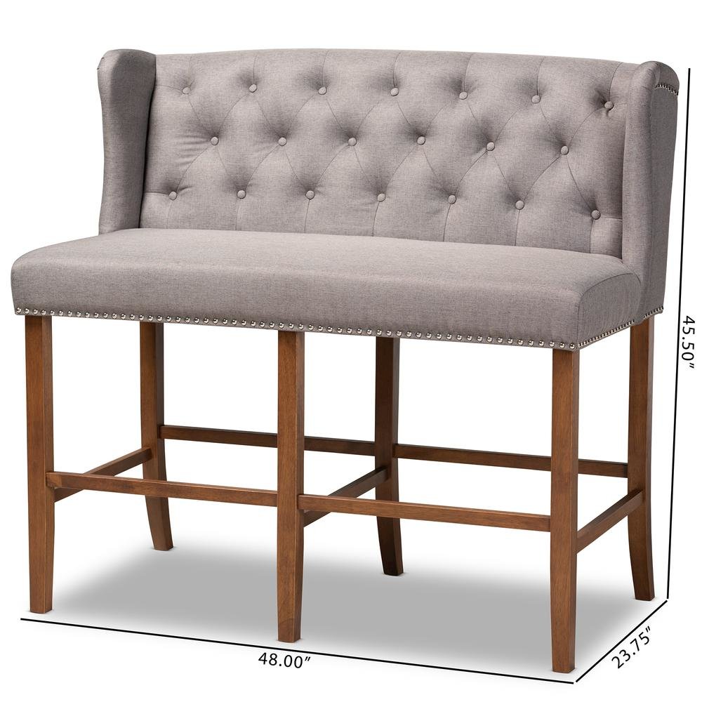 Grey Fabric Upholstered Walnut Finished Wood Button Tufted Bar Stool Bench. Picture 20