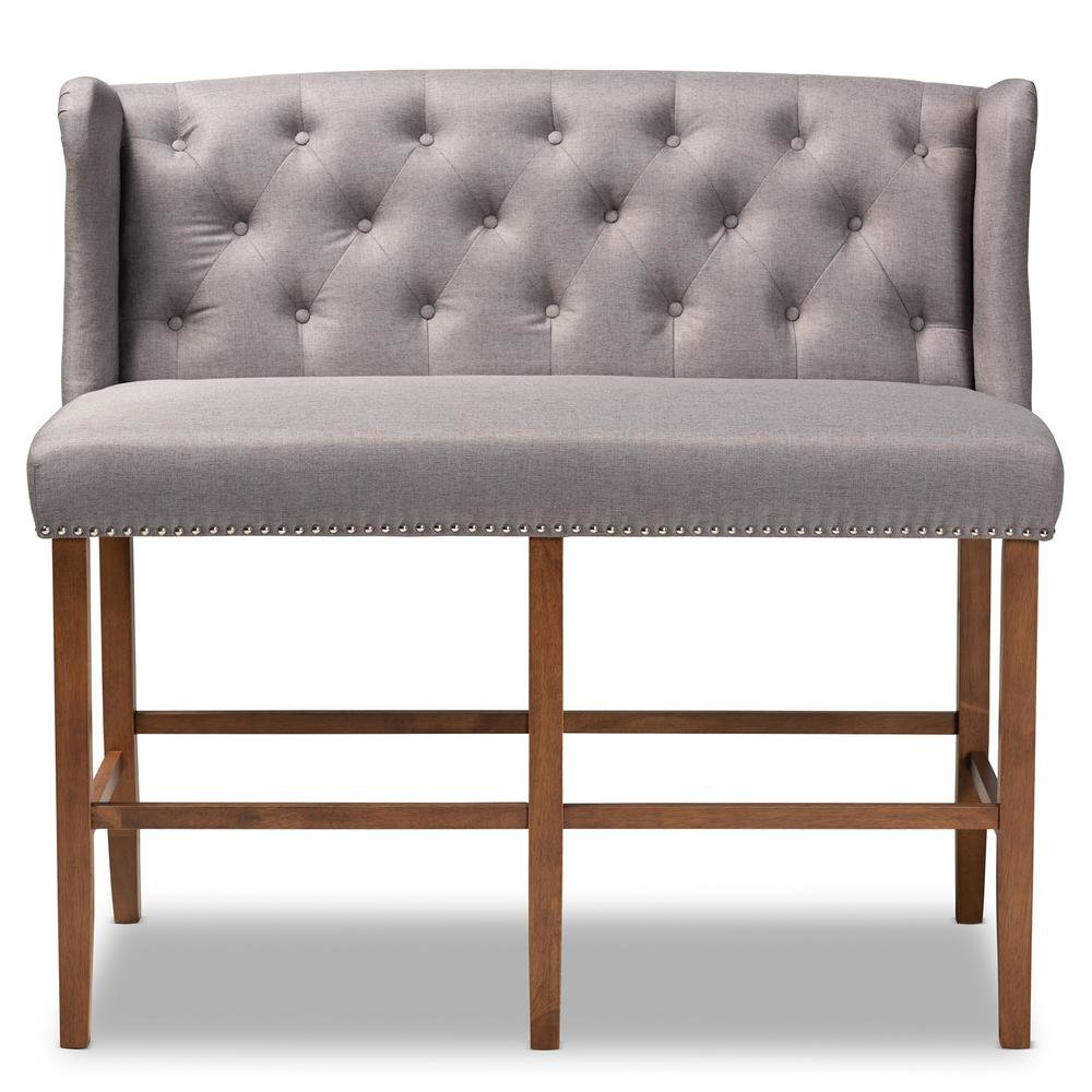 Grey Fabric Upholstered Walnut Finished Wood Button Tufted Bar Stool Bench. Picture 12