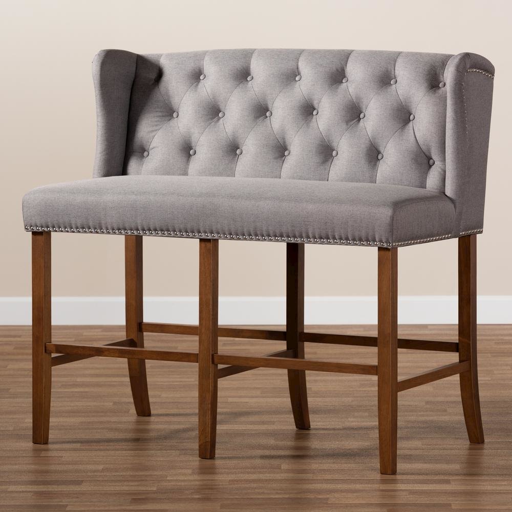 Grey Fabric Upholstered Walnut Finished Wood Button Tufted Bar Stool Bench. Picture 19