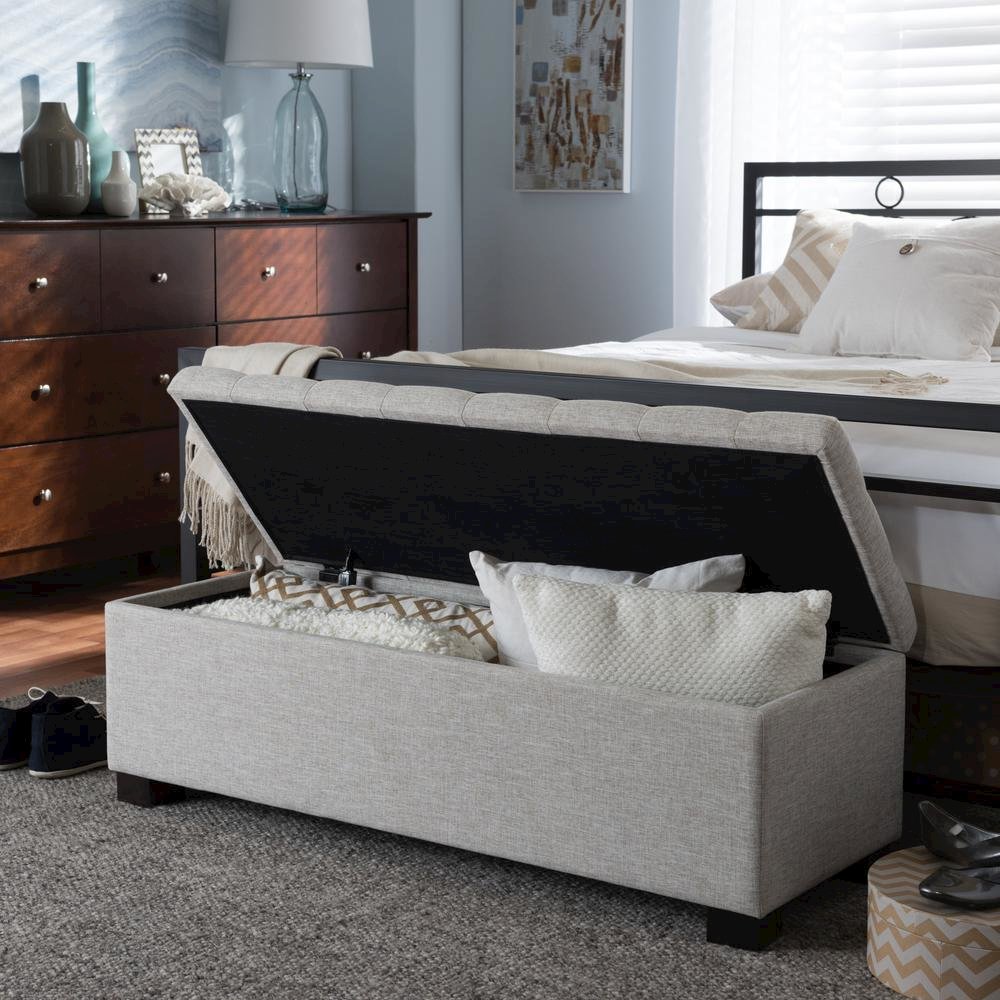 Beige Fabric Upholstered Grid-Tufting Storage Ottoman Bench. Picture 19