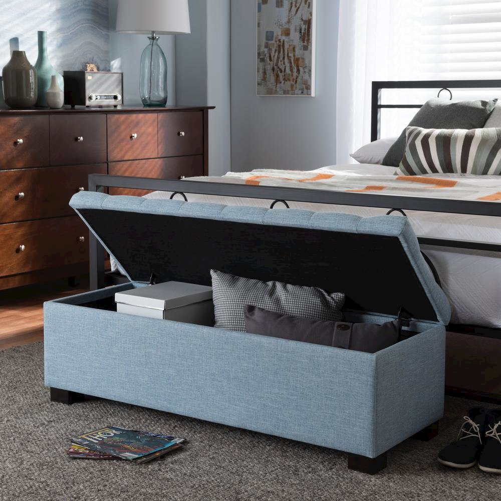 Light Blue Fabric Upholstered Grid-Tufting Storage Ottoman Bench. Picture 19