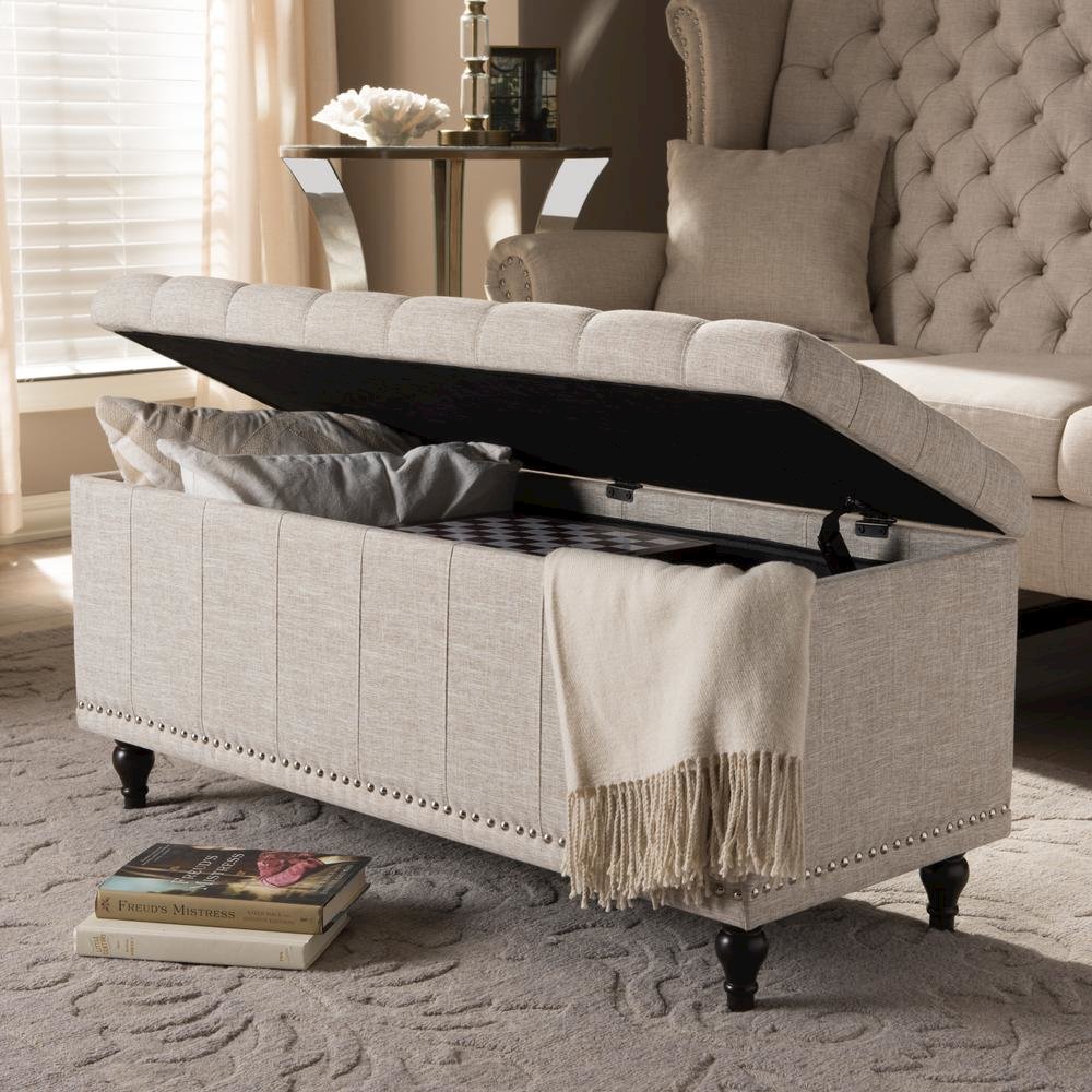 Classic Beige Fabric Upholstered Button-Tufting Storage Ottoman Bench. Picture 19