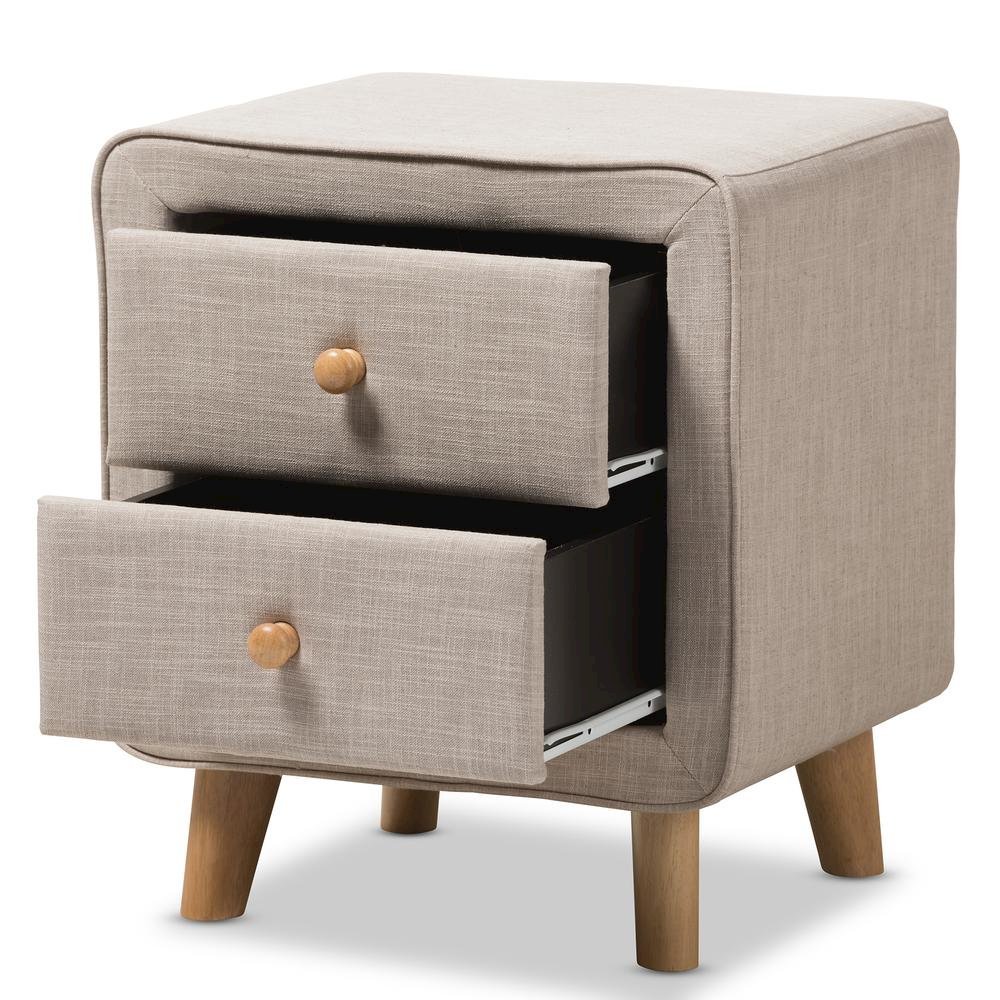 Baxton Studio Jonesy Mid-Century Beige Linen Upholstered 2-Drawer Nightstand. Picture 13