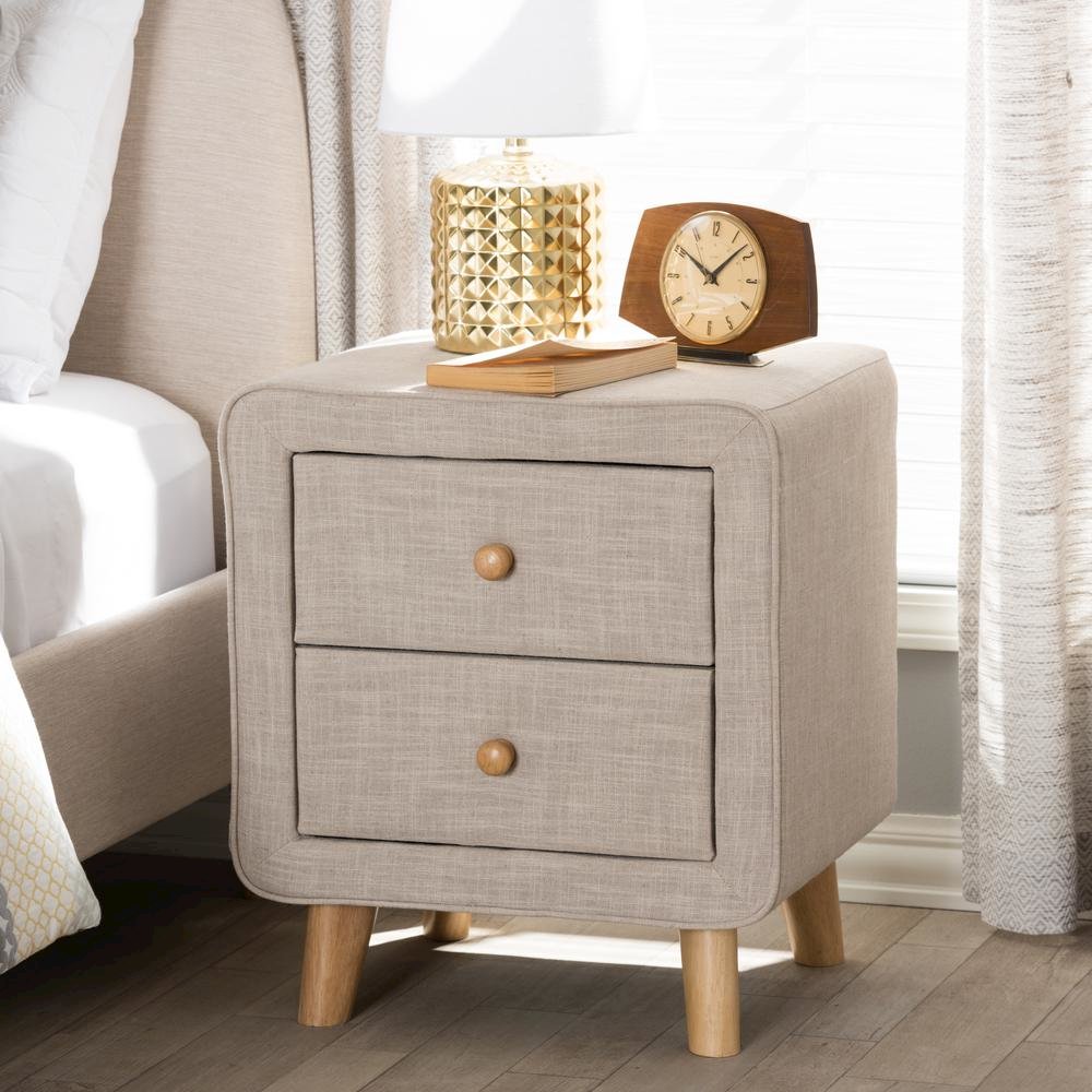 Baxton Studio Jonesy Mid-Century Beige Linen Upholstered 2-Drawer Nightstand. Picture 16