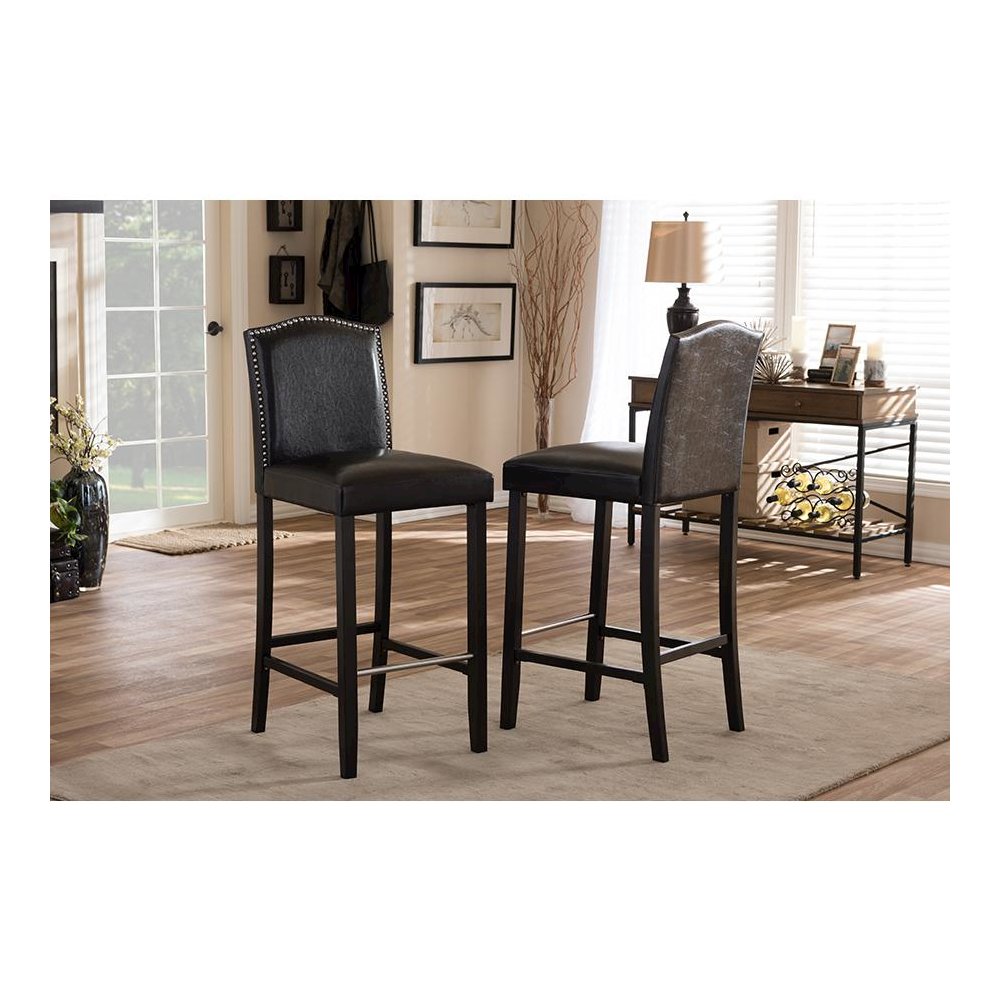Baxton Studio Libra Dark Brown Modern Bar Stool with Nail Head Trim (Set of 2). Picture 3