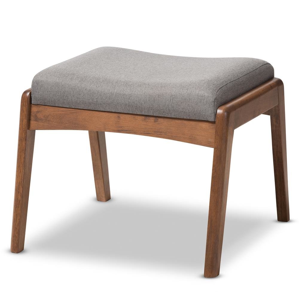 Walnut Wood Finishing and Grey Fabric Upholstered Ottoman. Picture 7