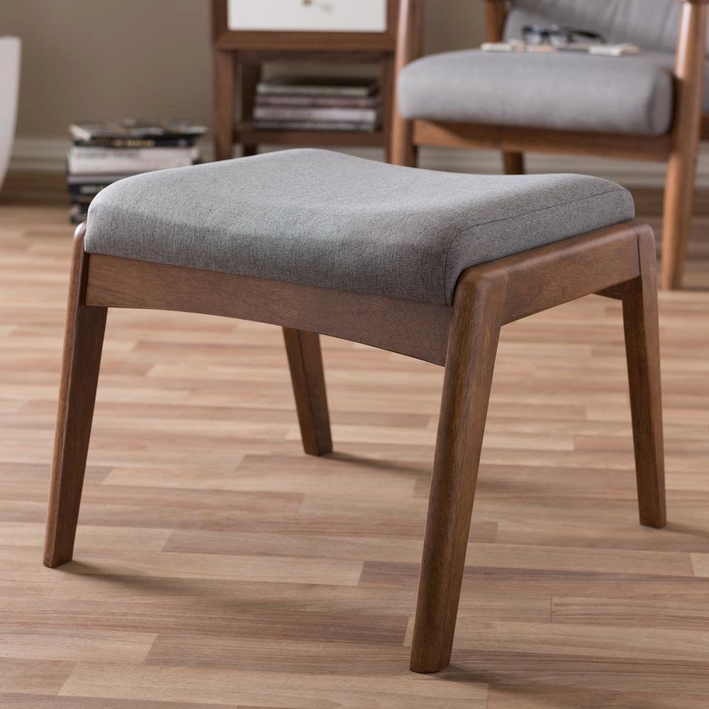 Walnut Wood Finishing and Grey Fabric Upholstered Ottoman. Picture 10