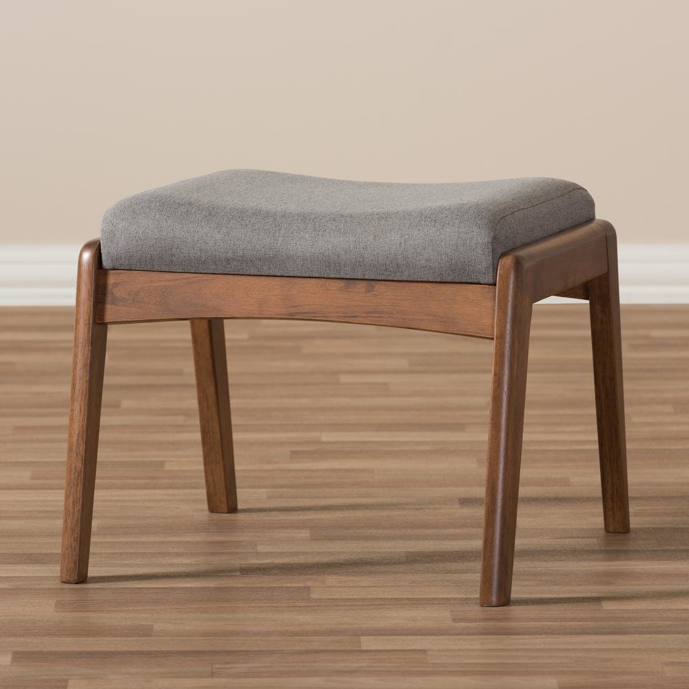 Walnut Wood Finishing and Grey Fabric Upholstered Ottoman. Picture 11