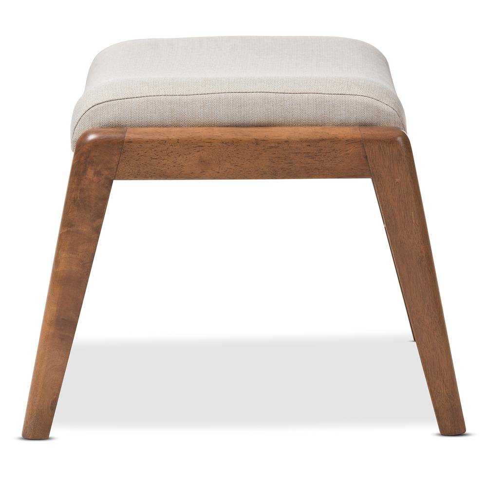 Walnut Wood Finishing and Light Beige Fabric Upholstered Ottoman. Picture 9