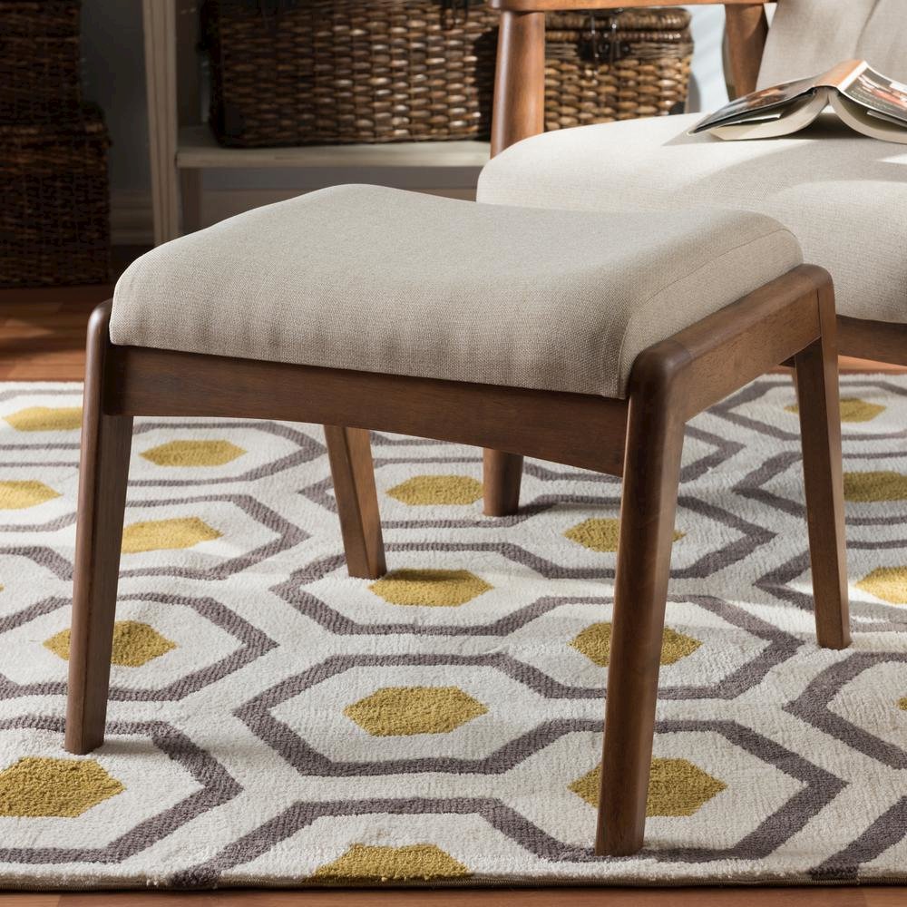Walnut Wood Finishing and Light Beige Fabric Upholstered Ottoman. Picture 10