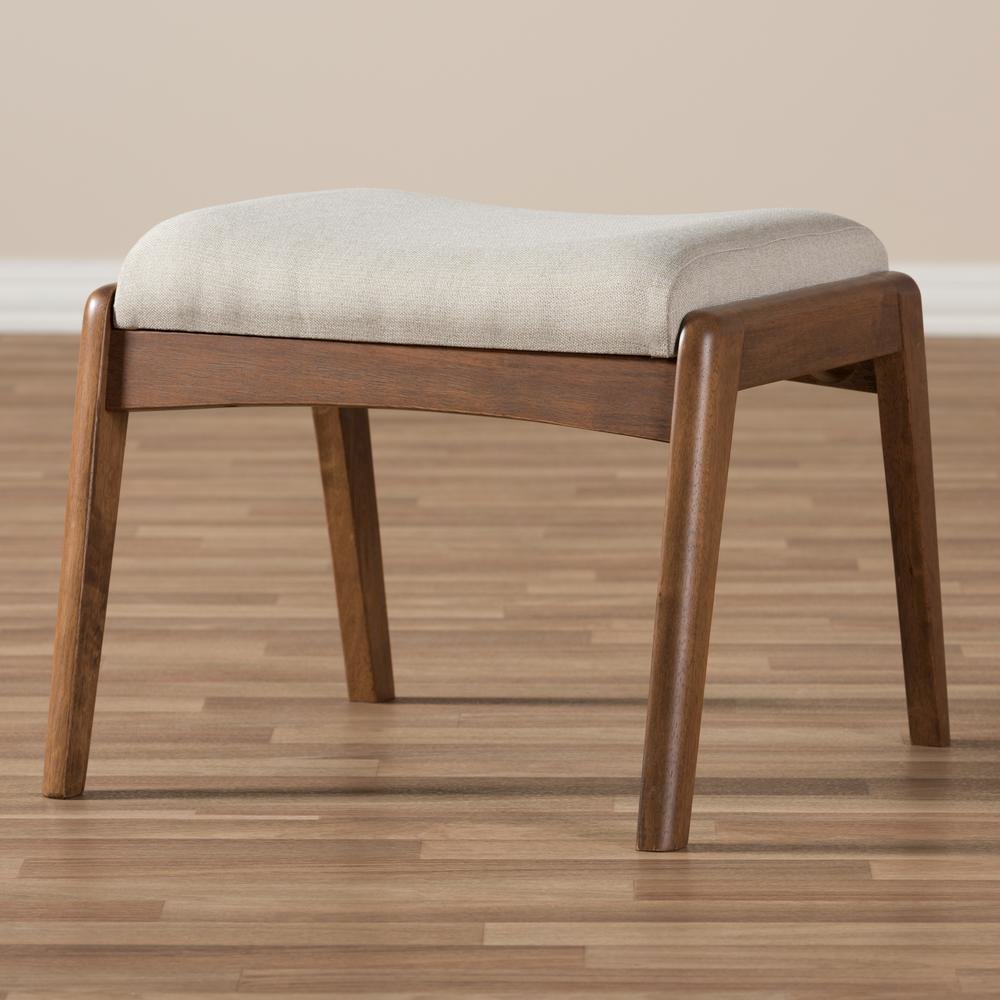 Walnut Wood Finishing and Light Beige Fabric Upholstered Ottoman. Picture 11
