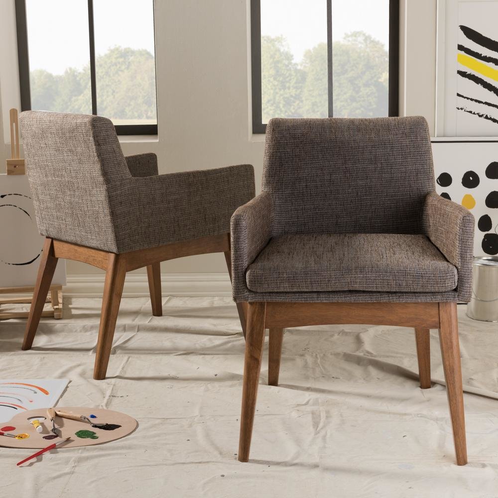 Walnut Wood Finishing and Gravel Fabric Upholstered Arm Chair (Set of 2). Picture 14