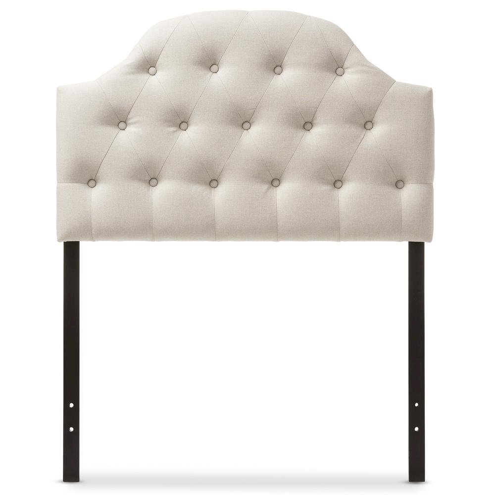 Light Beige Fabric Upholstered Button-Tufted Scalloped Twin Size Headboard. Picture 6