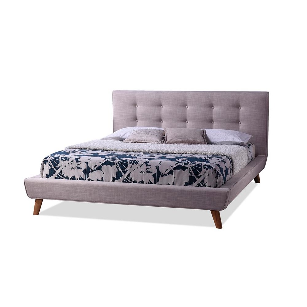 Mid-century Beige Fabric Upholstered Queen Size Platform Bed. Picture 4
