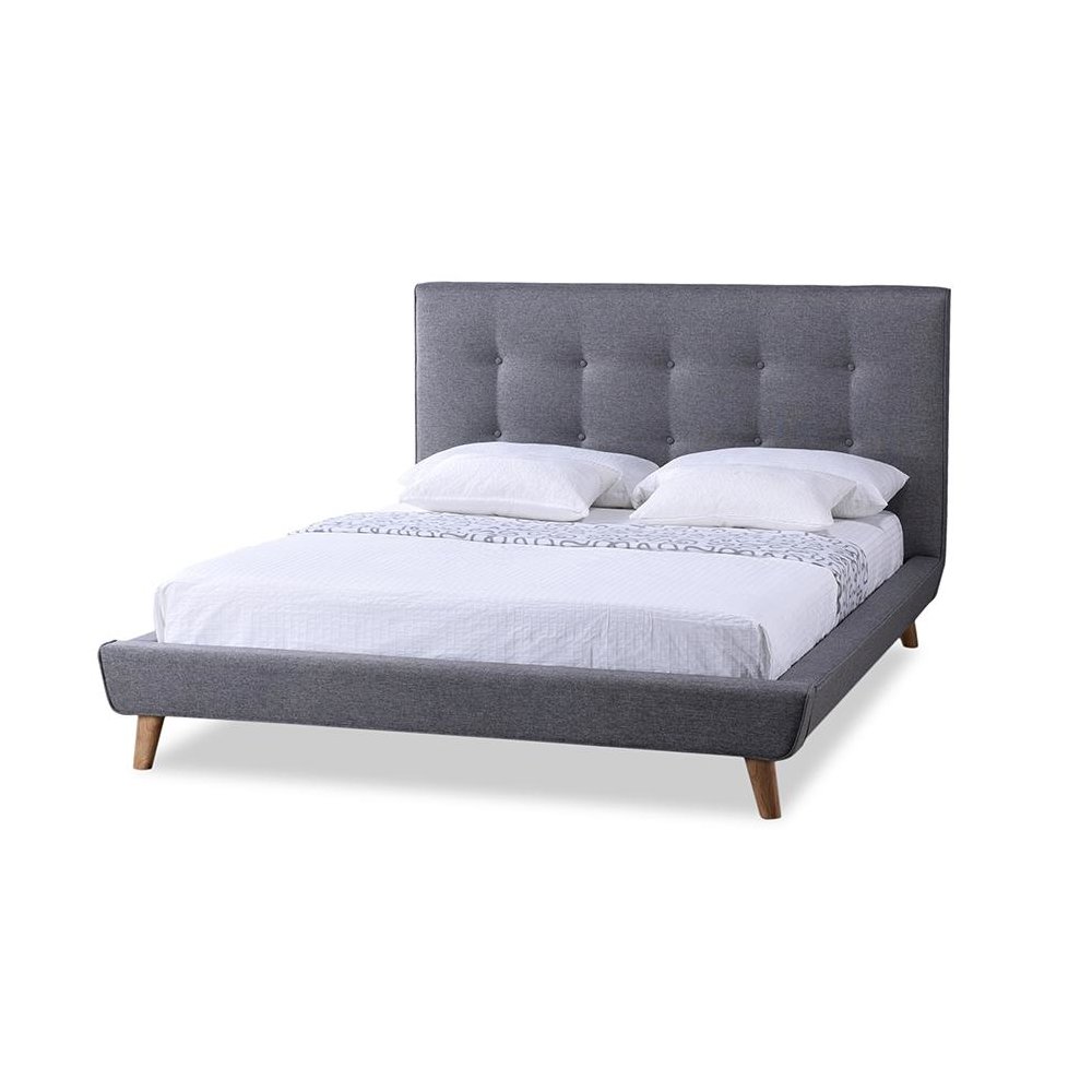 Mid-century Grey Fabric Upholstered Queen Size Platform Bed. Picture 4