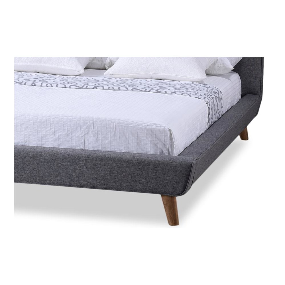 Mid-century Grey Fabric Upholstered Queen Size Platform Bed. Picture 1