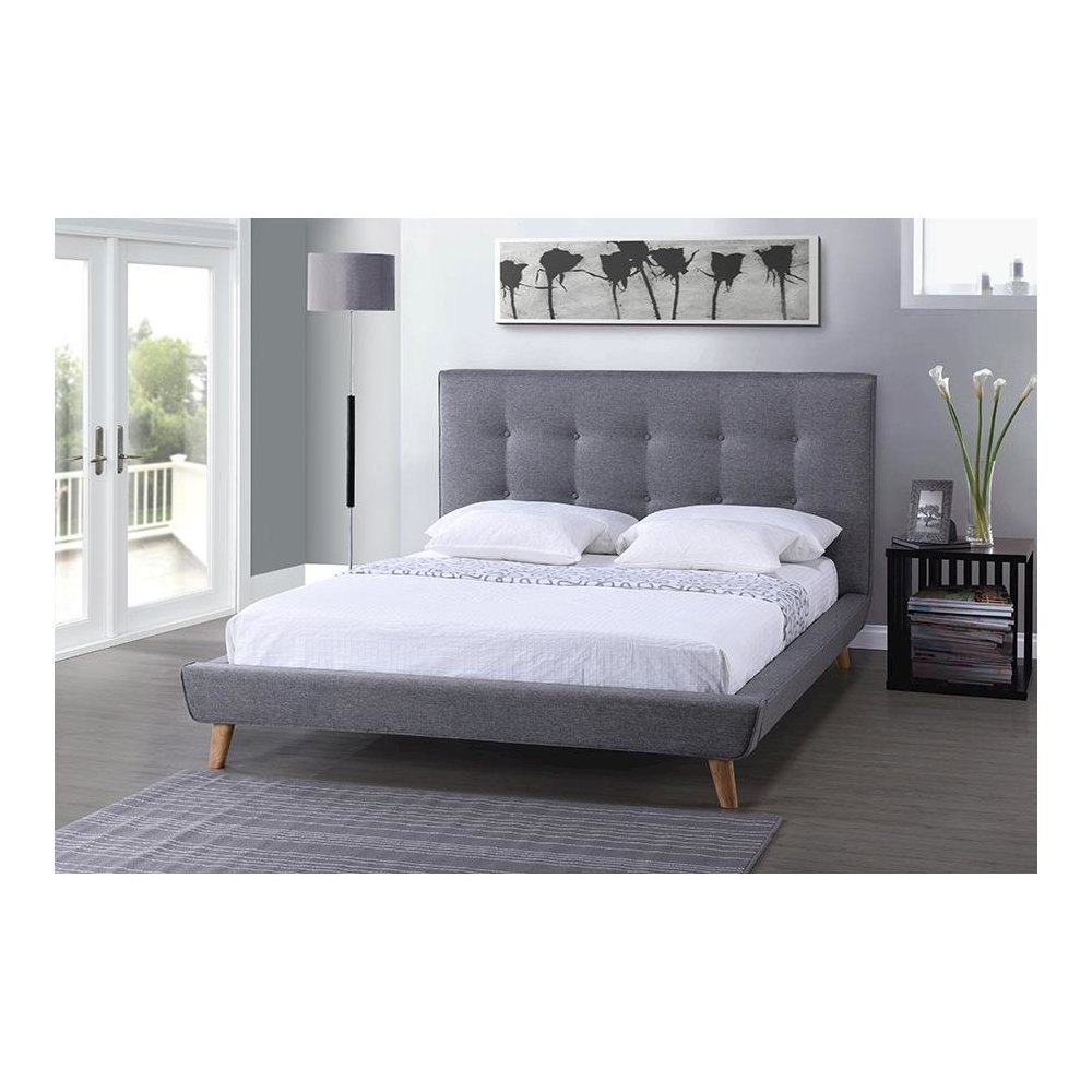 Mid-century Grey Fabric Upholstered Queen Size Platform Bed. Picture 3