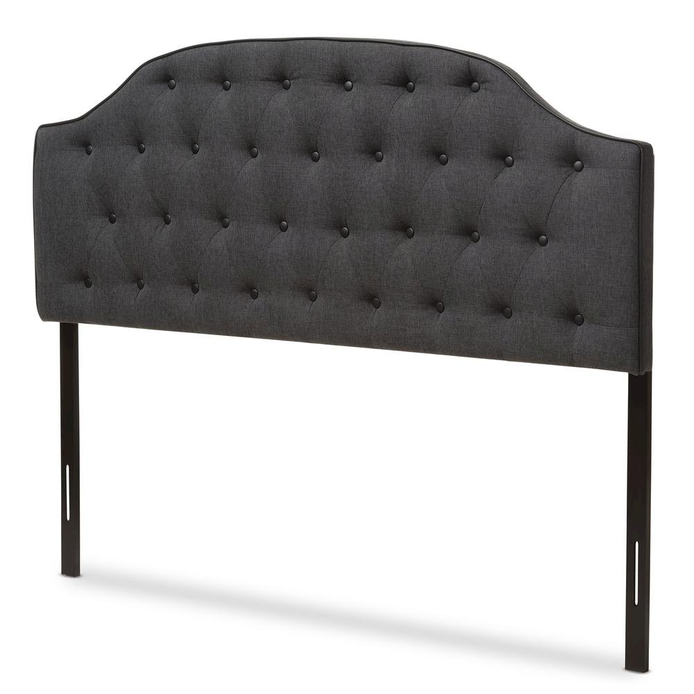 Dark Grey Fabric Upholstered Scalloped Buttoned Queen Size Headboard. Picture 7