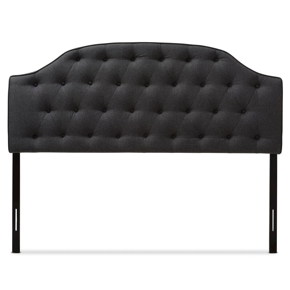 Dark Grey Fabric Upholstered Scalloped Buttoned Queen Size Headboard. Picture 8