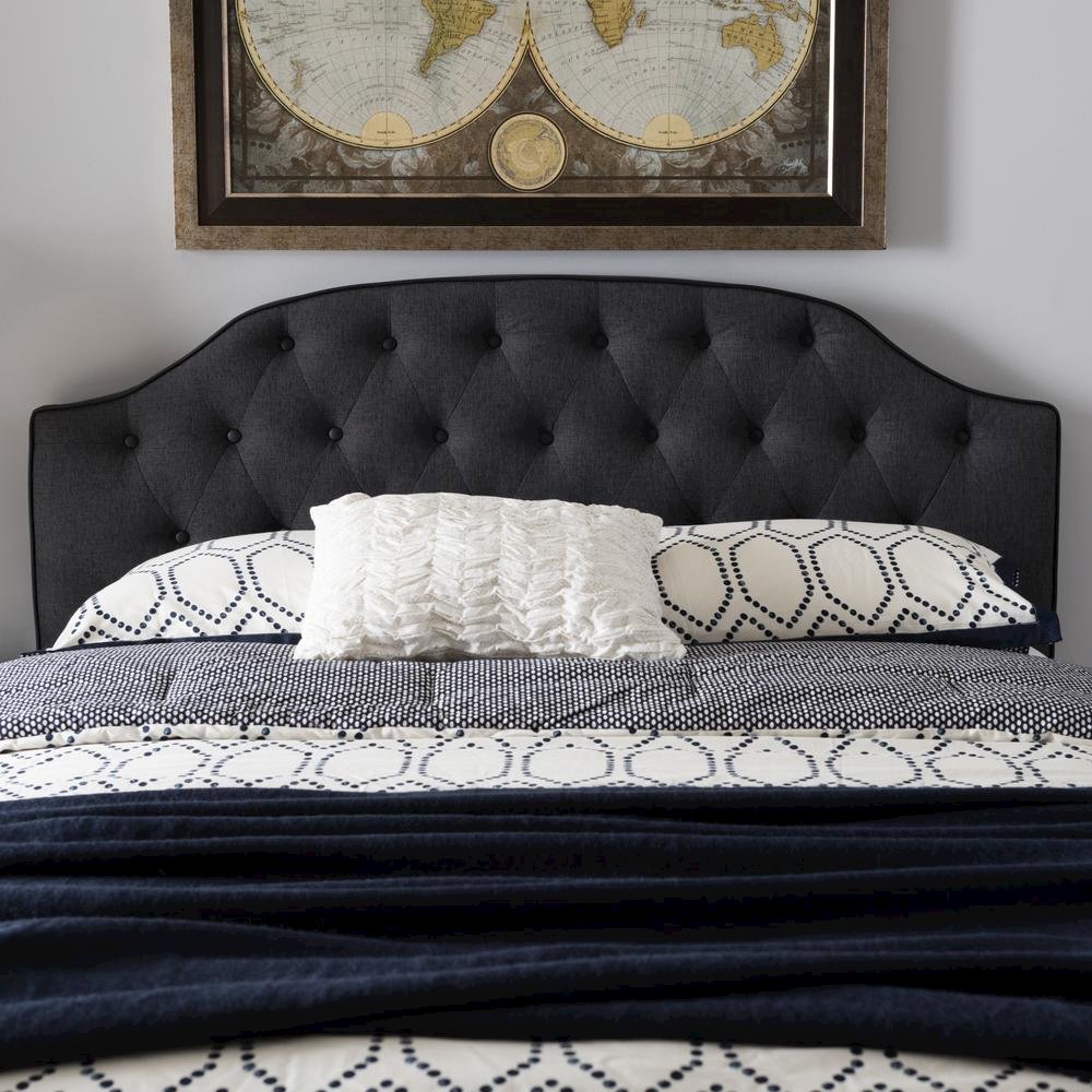 Dark Grey Fabric Upholstered Scalloped Buttoned Queen Size Headboard. Picture 10