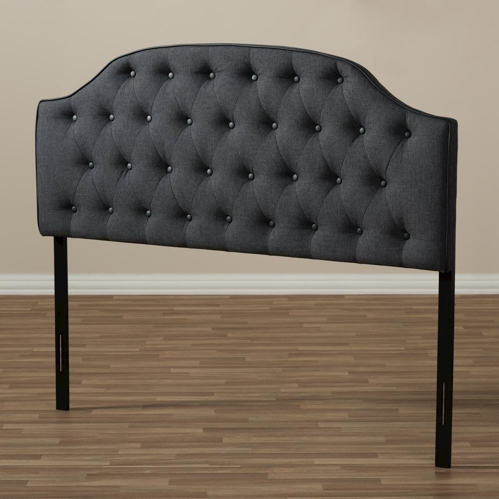 Dark Grey Fabric Upholstered Scalloped Buttoned Queen Size Headboard. Picture 11