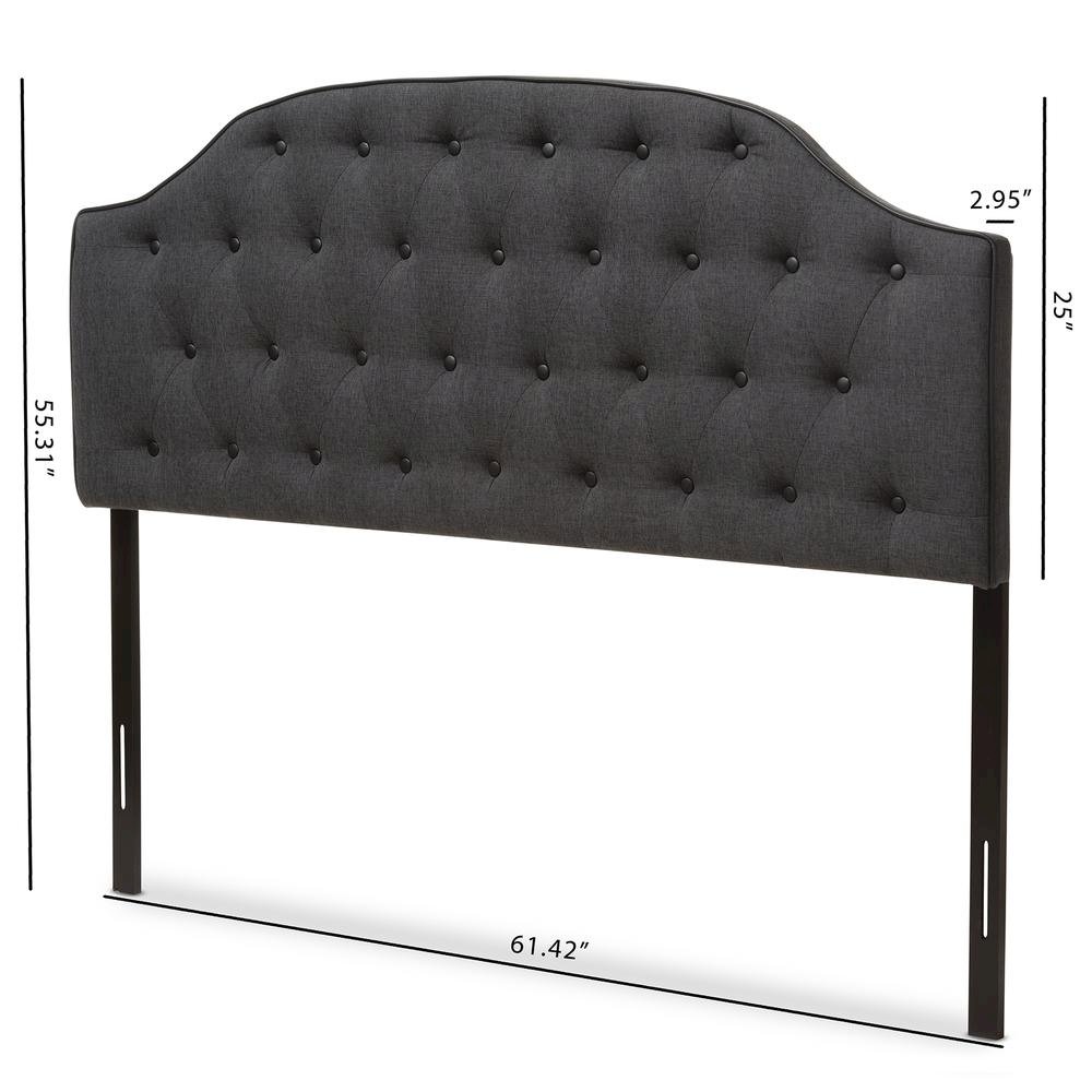 Dark Grey Fabric Upholstered Scalloped Buttoned Queen Size Headboard. Picture 12