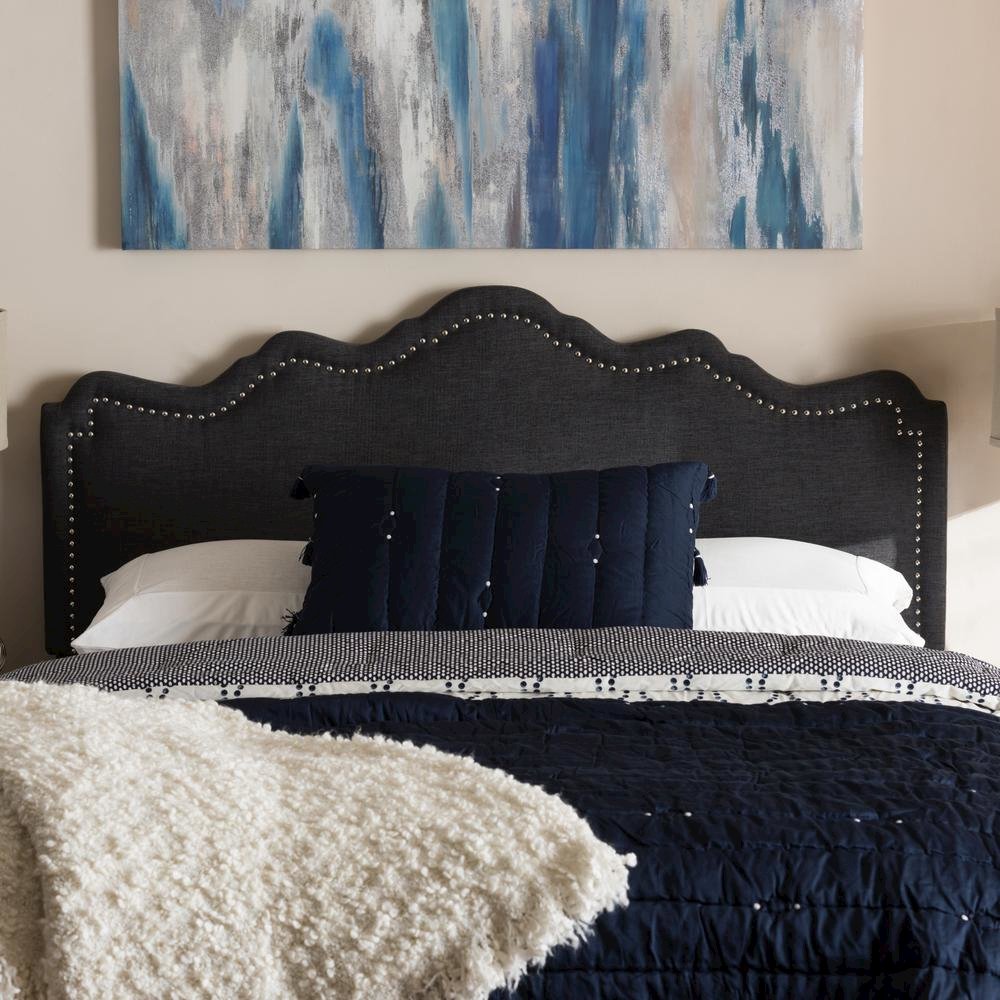 Nadeen Modern and Contemporary Dark Grey Fabric Full Size Headboard. Picture 10
