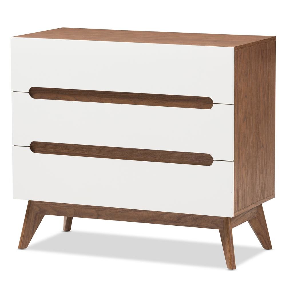 Calypso Mid-Century Modern White and Walnut Wood 3-Drawer Storage Chest. Picture 9