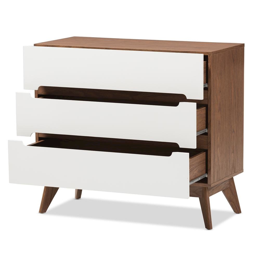 Calypso Mid-Century Modern White and Walnut Wood 3-Drawer Storage Chest. Picture 10