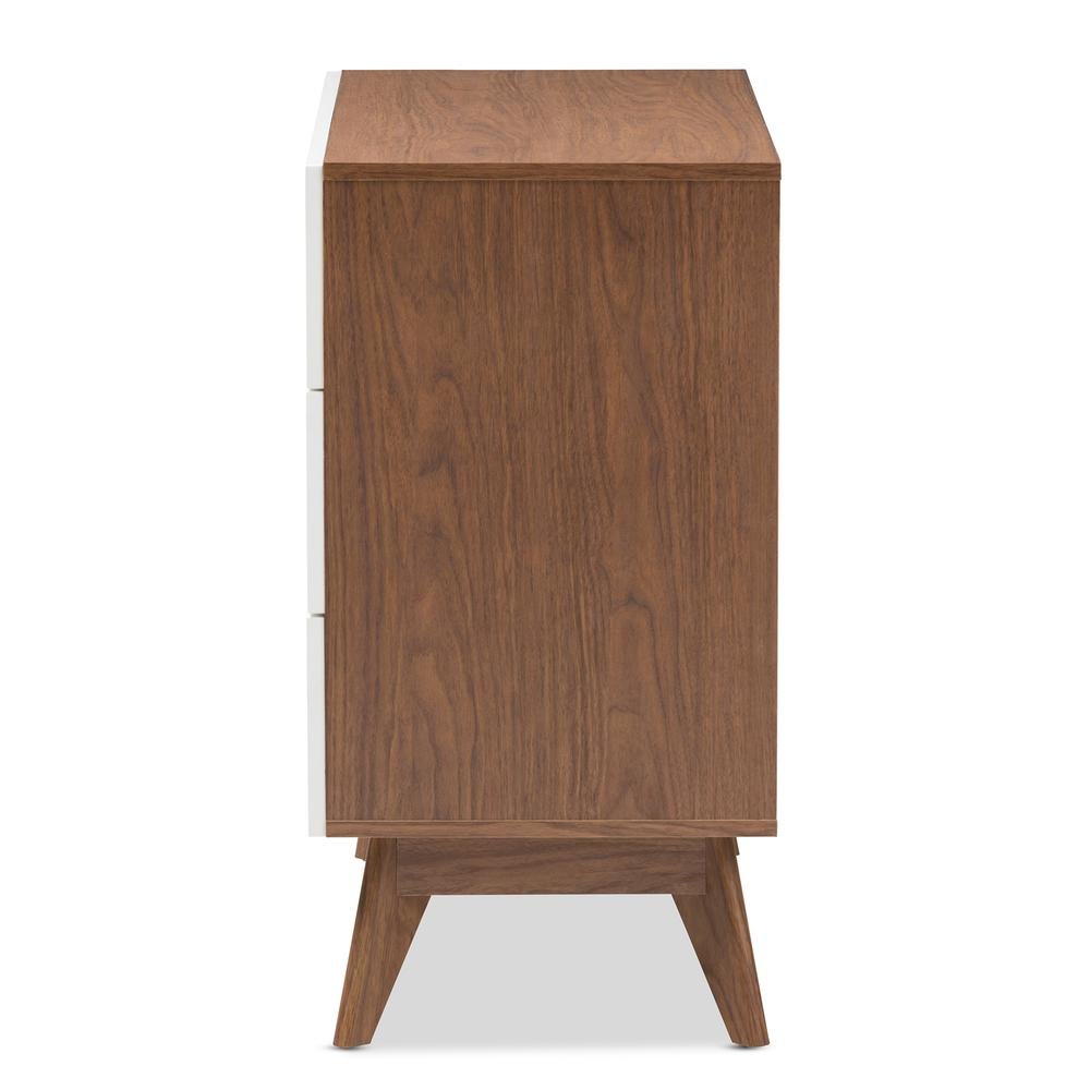 Calypso Mid-Century Modern White and Walnut Wood 3-Drawer Storage Chest. Picture 12