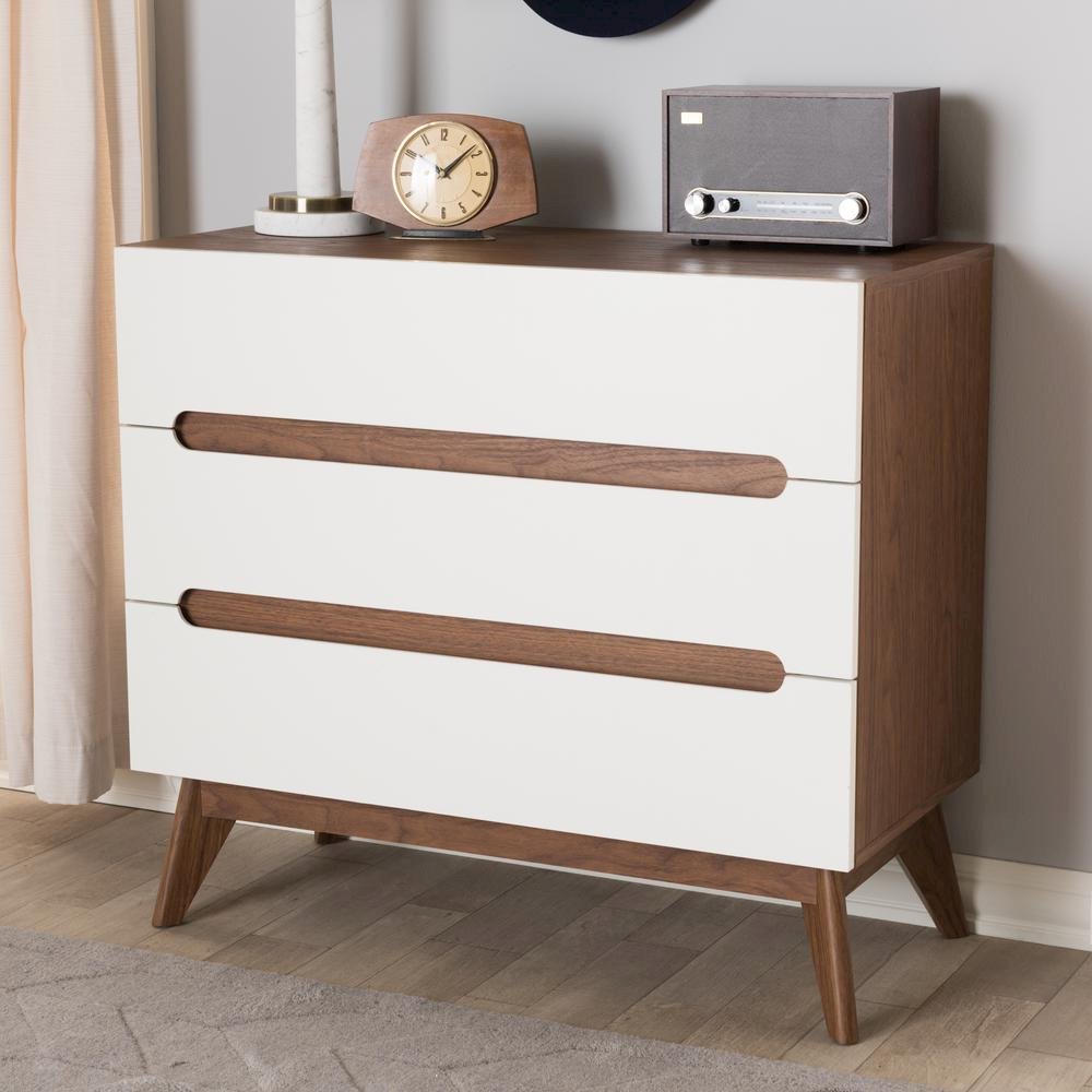 Calypso Mid-Century Modern White and Walnut Wood 3-Drawer Storage Chest. Picture 14