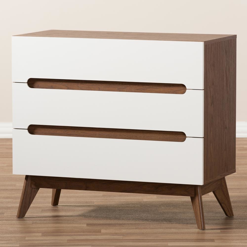 Calypso Mid-Century Modern White and Walnut Wood 3-Drawer Storage Chest. Picture 15
