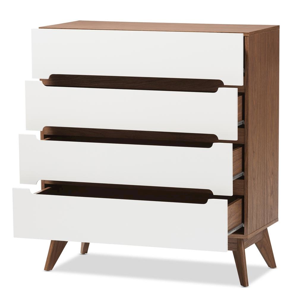 Calypso Mid-Century Modern White and Walnut Wood 4-Drawer Storage Chest. Picture 10