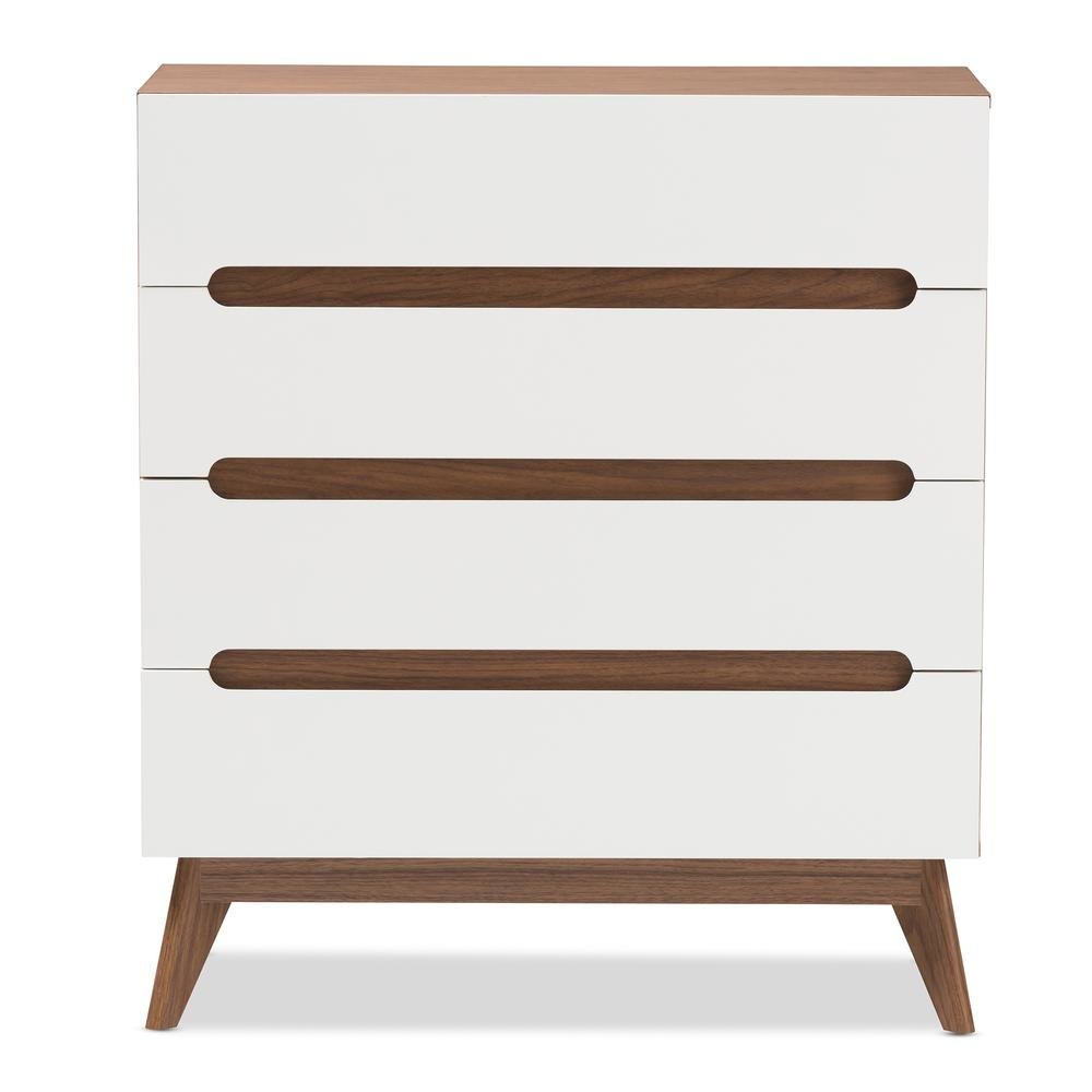 Calypso Mid-Century Modern White and Walnut Wood 4-Drawer Storage Chest. Picture 11