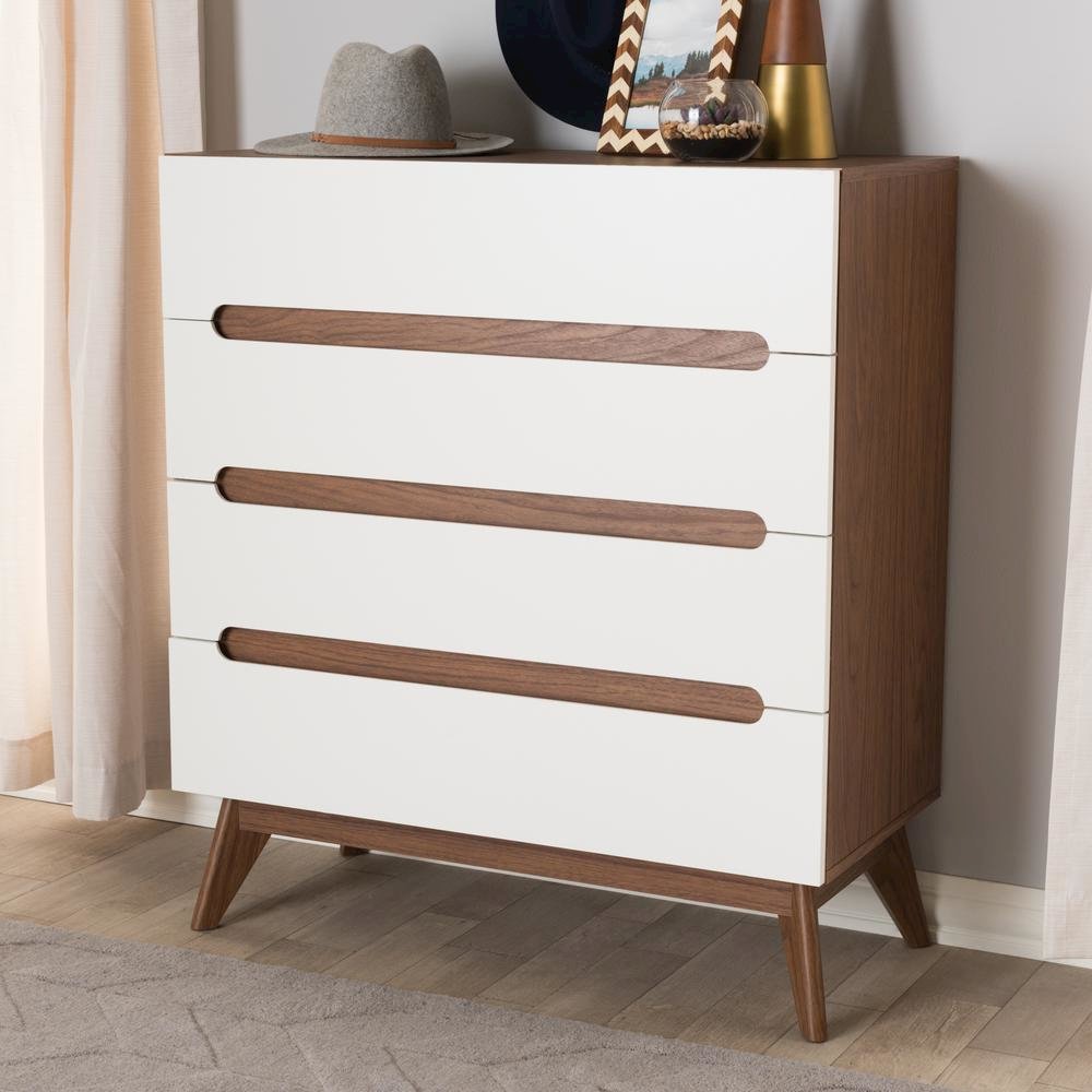 Calypso Mid-Century Modern White and Walnut Wood 4-Drawer Storage Chest. Picture 14