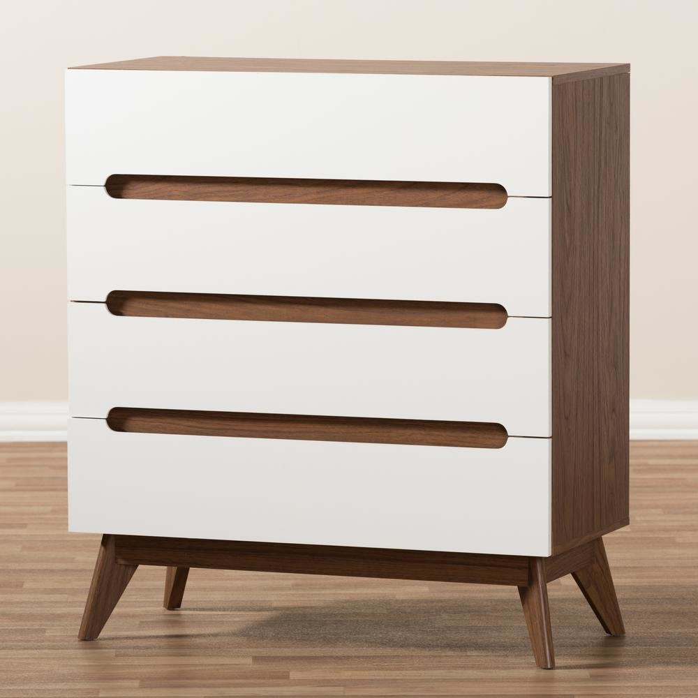 Calypso Mid-Century Modern White and Walnut Wood 4-Drawer Storage Chest. Picture 15