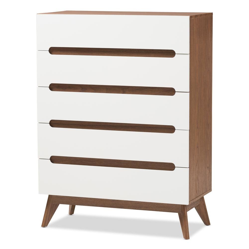 Calypso Mid-Century Modern White and Walnut Wood 5-Drawer Storage Chest. Picture 9
