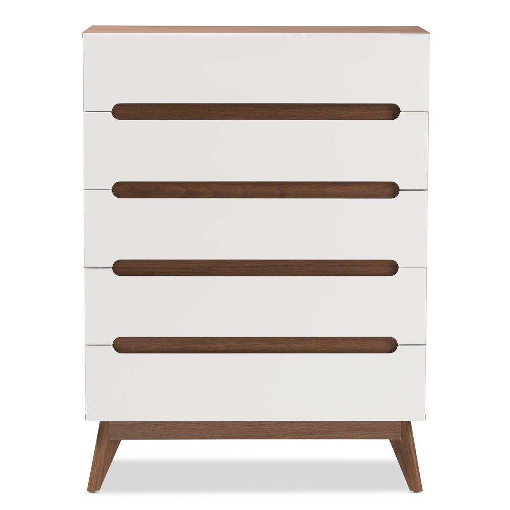 Calypso Mid-Century Modern White and Walnut Wood 5-Drawer Storage Chest. Picture 11