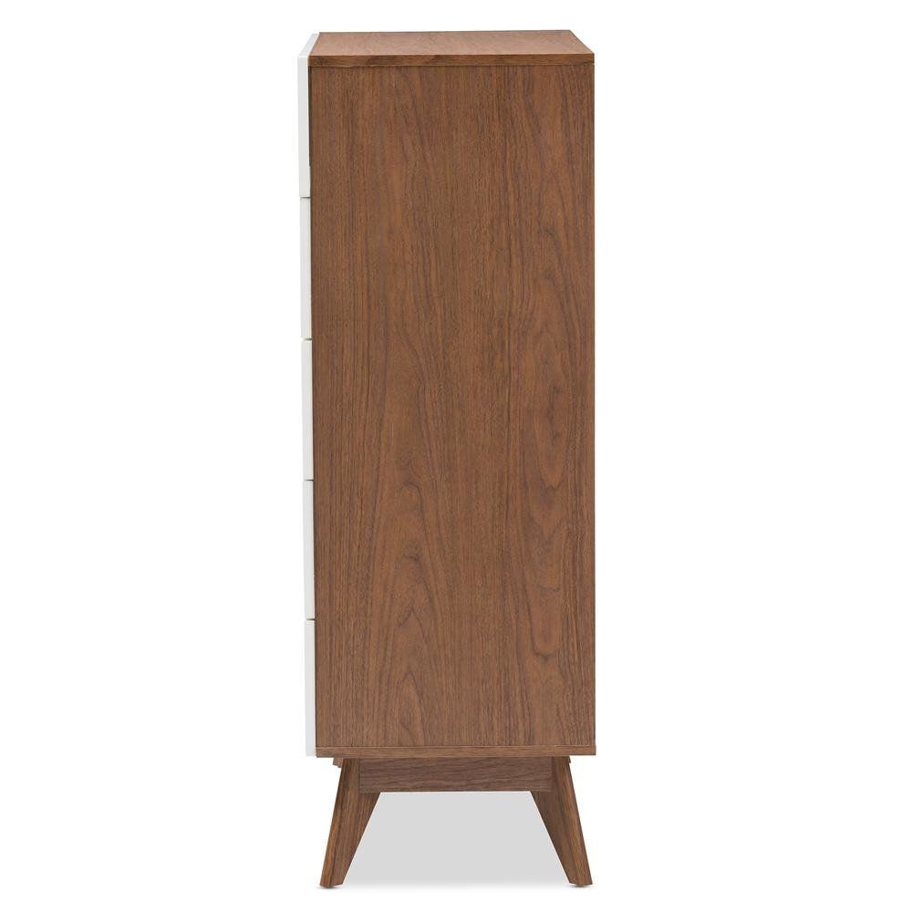 Calypso Mid-Century Modern White and Walnut Wood 5-Drawer Storage Chest. Picture 12