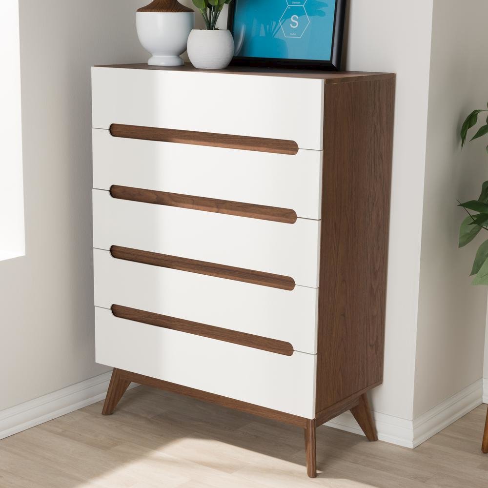 Calypso Mid-Century Modern White and Walnut Wood 5-Drawer Storage Chest. Picture 14