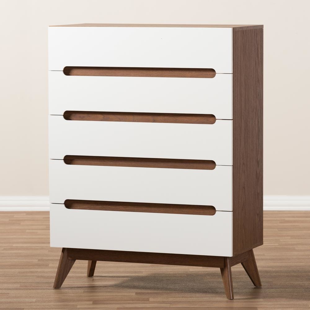 Calypso Mid-Century Modern White and Walnut Wood 5-Drawer Storage Chest. Picture 15